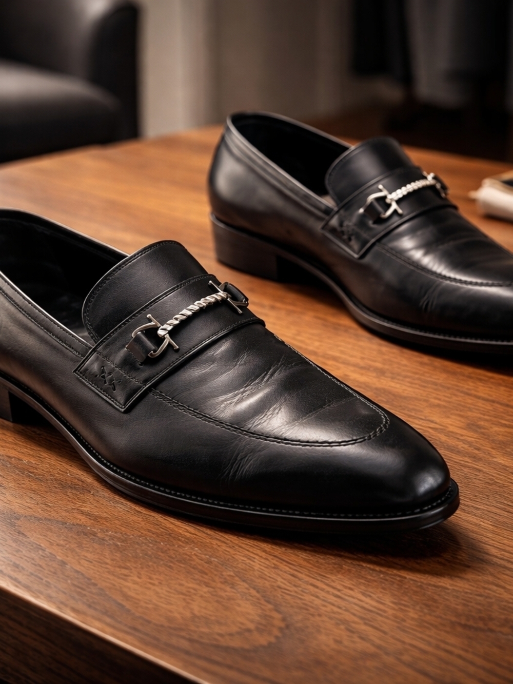 BRIONI Black Leather Block Heeled Almond-Toe Men's Penny Loafers Size 11